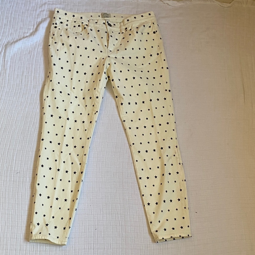 J. CREW  Cream Skinny Jeans with Black Star Print